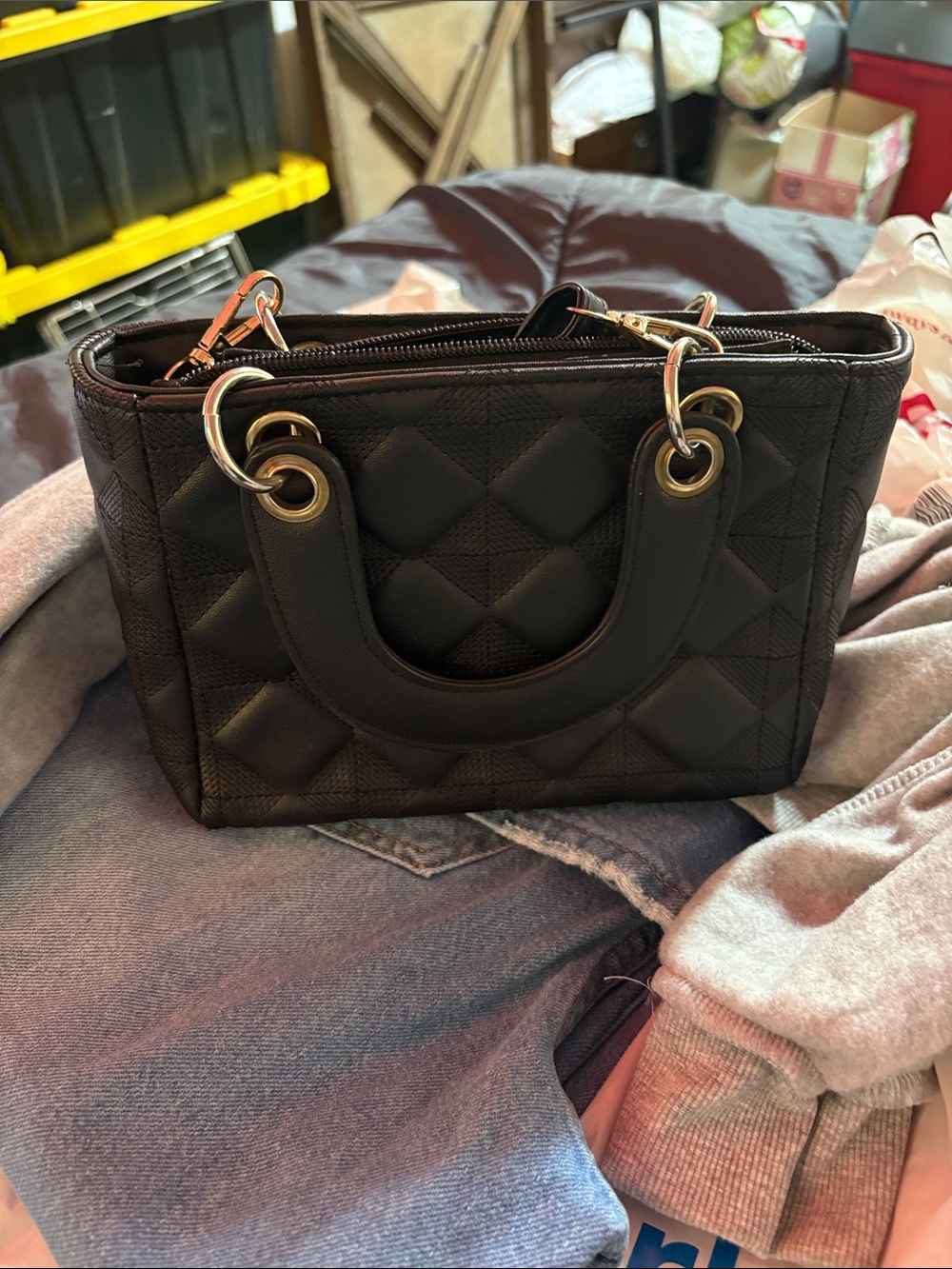 Quilted Top-Handle Satchel Bag in Black